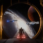 A lone figure watches starships approach a distant planet through a massive spaceport gateway.