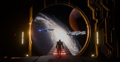 A lone figure watches starships approach a distant planet through a massive spaceport gateway.