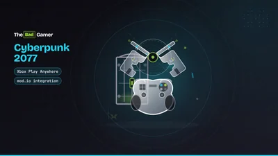 A controller, prison gate, dual pistols, and vinyl record representing the Cyberpunk 2077 Edgerunners 2 Update
