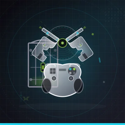 A controller, prison gate, dual pistols, and vinyl record representing the Cyberpunk 2077 Edgerunners 2 Update
